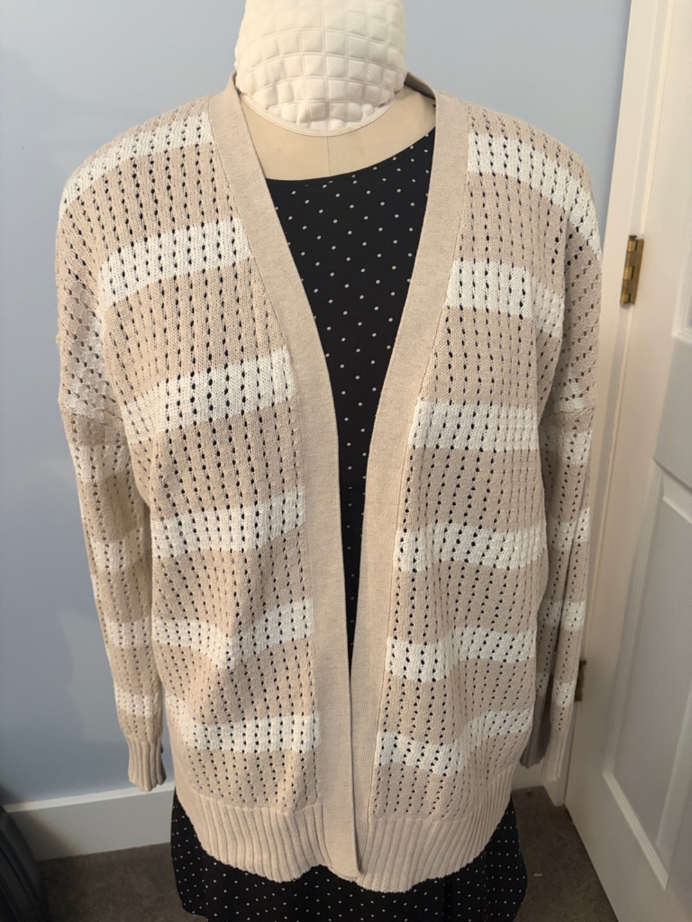 Cyrus Beige and White Striped Open-Front Knit Cardigan